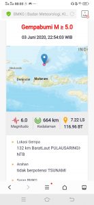 Gempa 6.0 SR Guncang NTB Berpusat di 132 km Barat Laut Pulau Saringi.