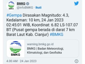 Gempa Kembali Guncang Cianjur Selasa Dini Hari